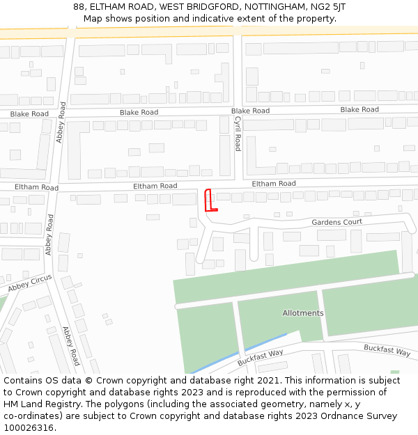 88, ELTHAM ROAD, WEST BRIDGFORD, NOTTINGHAM, NG2 5JT: Location map and indicative extent of plot