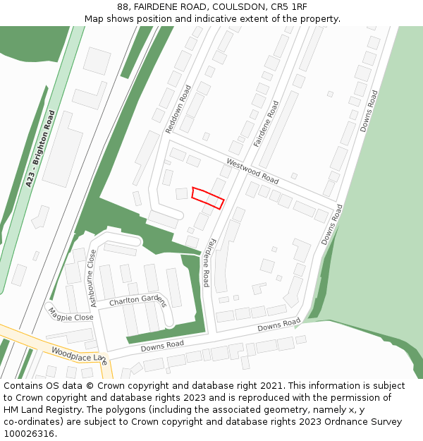 88, FAIRDENE ROAD, COULSDON, CR5 1RF: Location map and indicative extent of plot