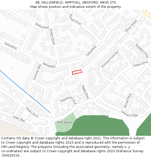 88, FALLOWFIELD, AMPTHILL, BEDFORD, MK45 2TS: Location map and indicative extent of plot