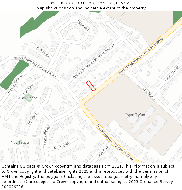 88, FFRIDDOEDD ROAD, BANGOR, LL57 2TT: Location map and indicative extent of plot