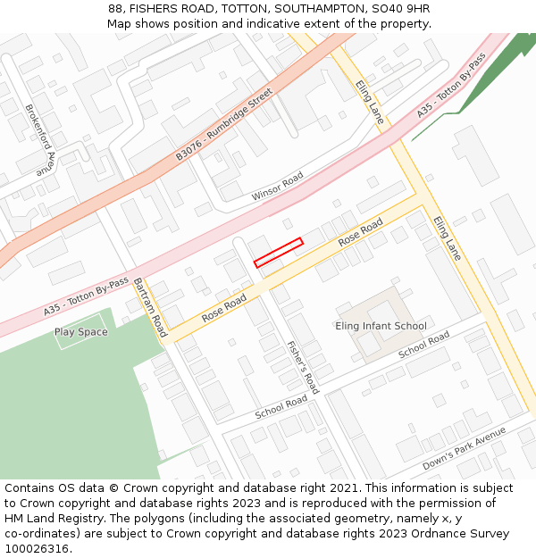 88, FISHERS ROAD, TOTTON, SOUTHAMPTON, SO40 9HR: Location map and indicative extent of plot