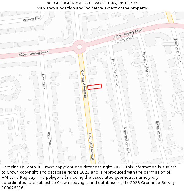 88, GEORGE V AVENUE, WORTHING, BN11 5RN: Location map and indicative extent of plot