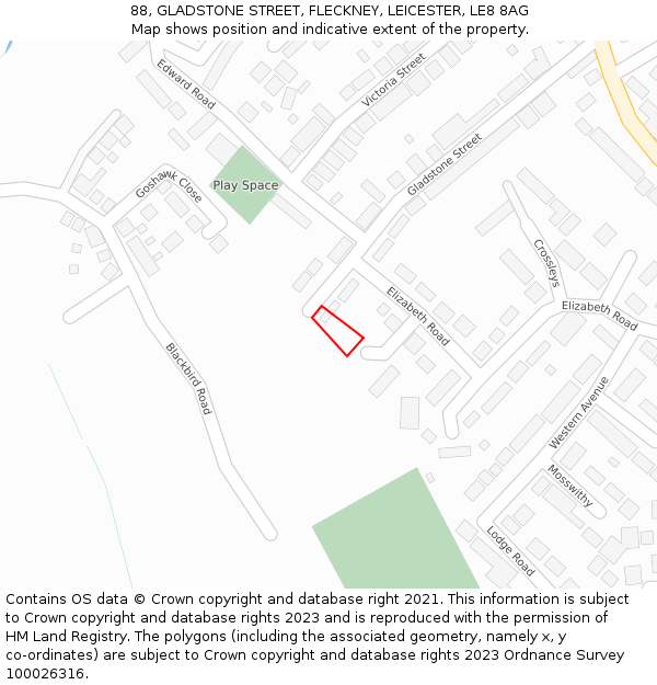 88, GLADSTONE STREET, FLECKNEY, LEICESTER, LE8 8AG: Location map and indicative extent of plot