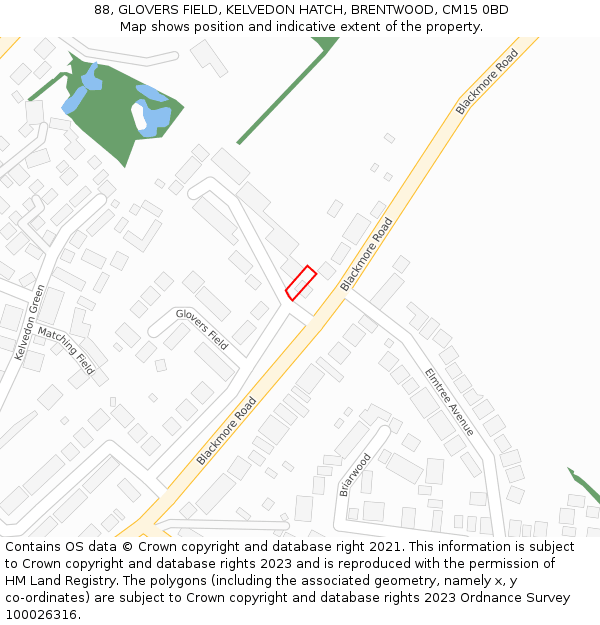 88, GLOVERS FIELD, KELVEDON HATCH, BRENTWOOD, CM15 0BD: Location map and indicative extent of plot