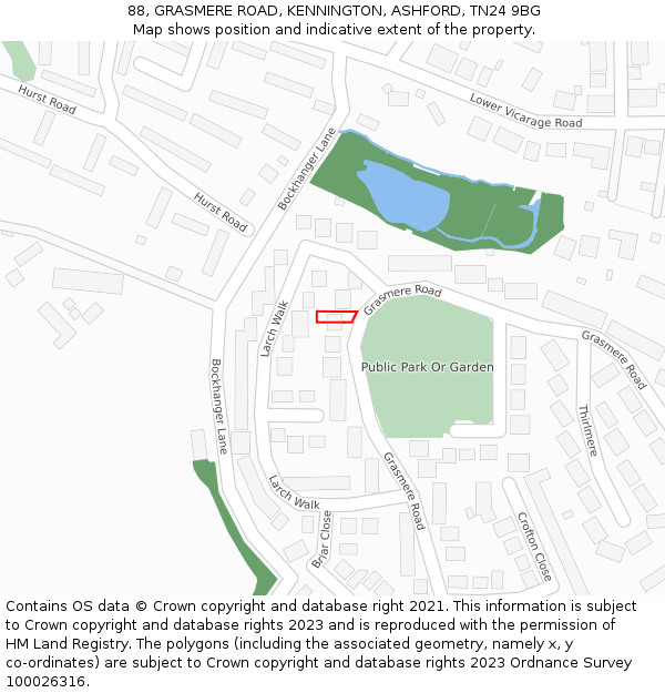 88, GRASMERE ROAD, KENNINGTON, ASHFORD, TN24 9BG: Location map and indicative extent of plot