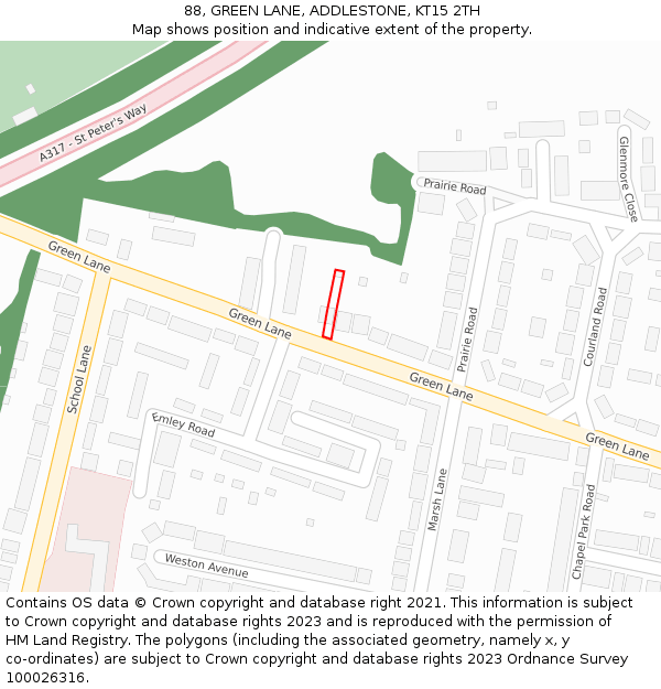 88, GREEN LANE, ADDLESTONE, KT15 2TH: Location map and indicative extent of plot