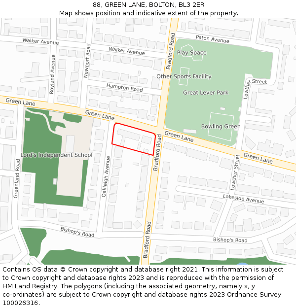 88, GREEN LANE, BOLTON, BL3 2ER: Location map and indicative extent of plot