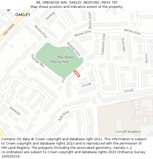 88, GRENIDGE WAY, OAKLEY, BEDFORD, MK43 7SF: Location map and indicative extent of plot