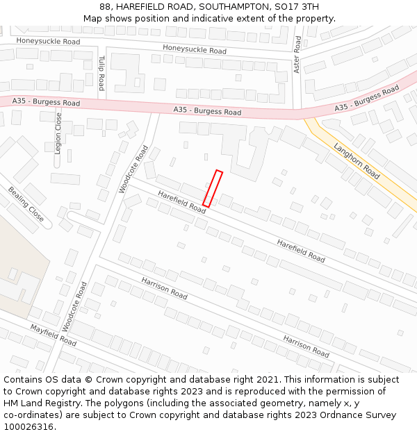 88, HAREFIELD ROAD, SOUTHAMPTON, SO17 3TH: Location map and indicative extent of plot