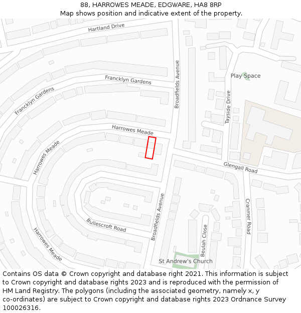 88, HARROWES MEADE, EDGWARE, HA8 8RP: Location map and indicative extent of plot