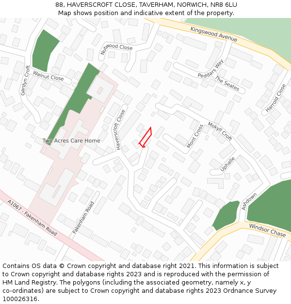 88, HAVERSCROFT CLOSE, TAVERHAM, NORWICH, NR8 6LU: Location map and indicative extent of plot