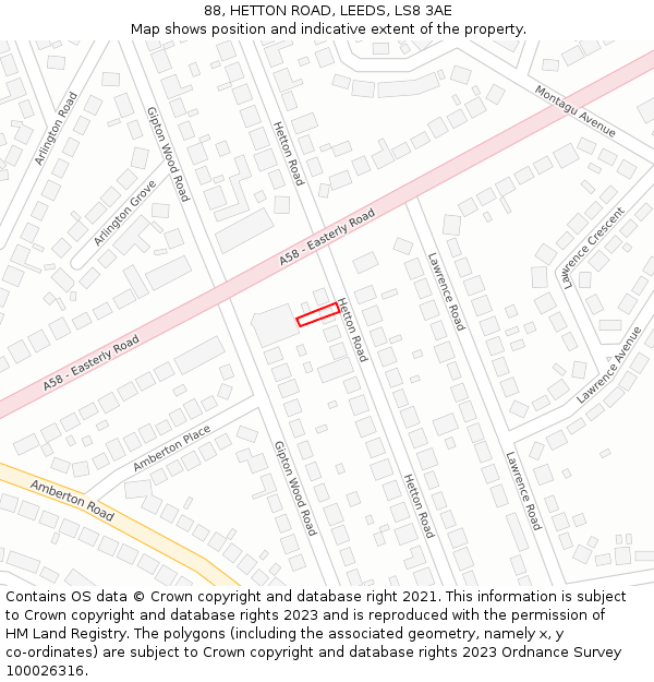 88, HETTON ROAD, LEEDS, LS8 3AE: Location map and indicative extent of plot