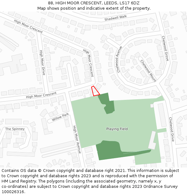 88, HIGH MOOR CRESCENT, LEEDS, LS17 6DZ: Location map and indicative extent of plot