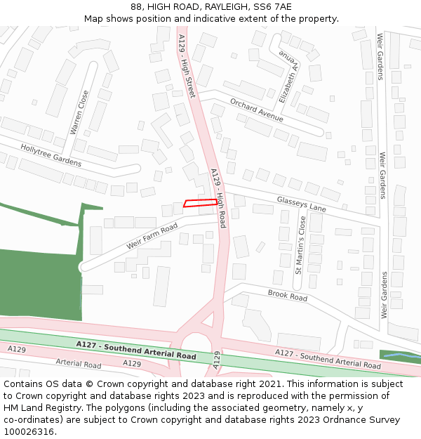 88, HIGH ROAD, RAYLEIGH, SS6 7AE: Location map and indicative extent of plot