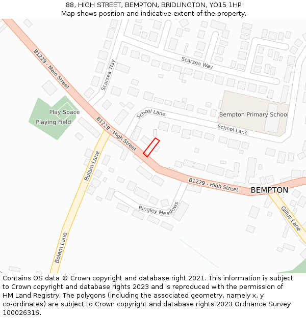 88, HIGH STREET, BEMPTON, BRIDLINGTON, YO15 1HP: Location map and indicative extent of plot