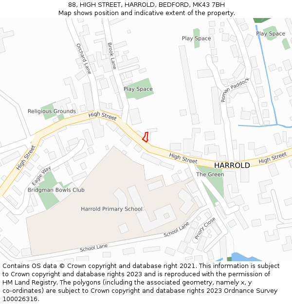 88, HIGH STREET, HARROLD, BEDFORD, MK43 7BH: Location map and indicative extent of plot