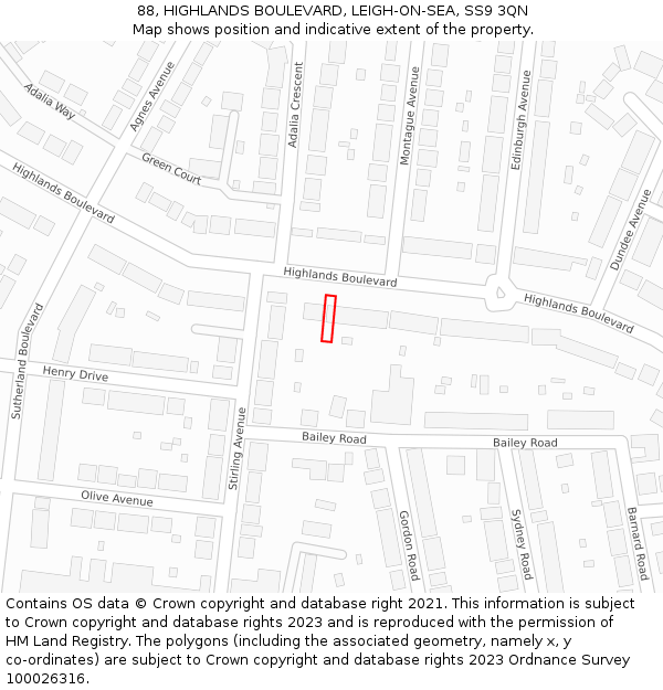 88, HIGHLANDS BOULEVARD, LEIGH-ON-SEA, SS9 3QN: Location map and indicative extent of plot