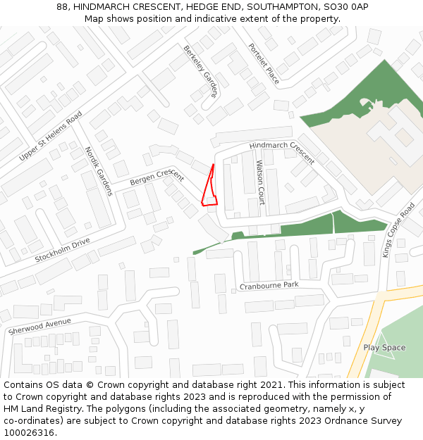 88, HINDMARCH CRESCENT, HEDGE END, SOUTHAMPTON, SO30 0AP: Location map and indicative extent of plot