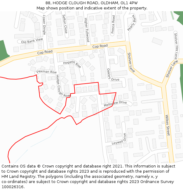 88, HODGE CLOUGH ROAD, OLDHAM, OL1 4PW: Location map and indicative extent of plot