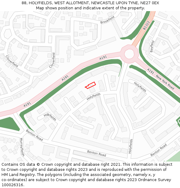 88, HOLYFIELDS, WEST ALLOTMENT, NEWCASTLE UPON TYNE, NE27 0EX: Location map and indicative extent of plot