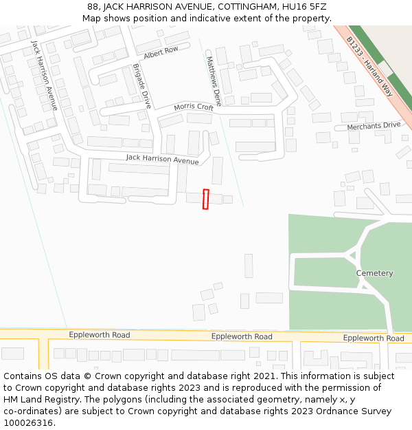 88, JACK HARRISON AVENUE, COTTINGHAM, HU16 5FZ: Location map and indicative extent of plot
