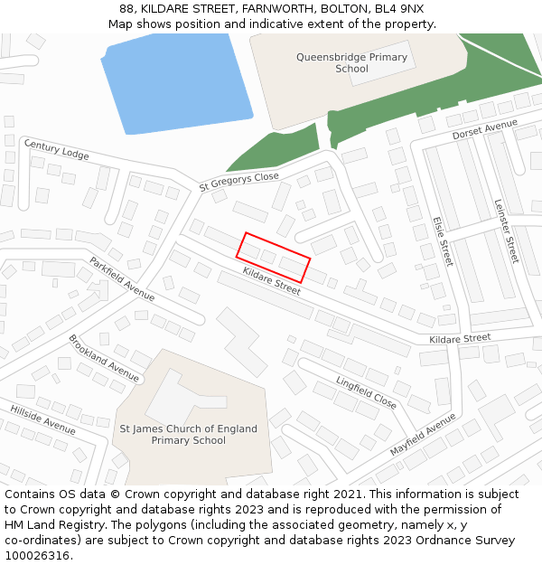 88, KILDARE STREET, FARNWORTH, BOLTON, BL4 9NX: Location map and indicative extent of plot