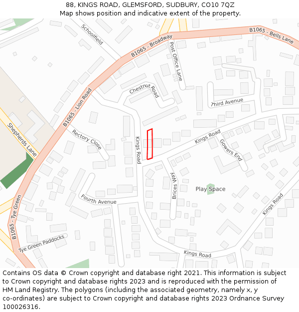 88, KINGS ROAD, GLEMSFORD, SUDBURY, CO10 7QZ: Location map and indicative extent of plot