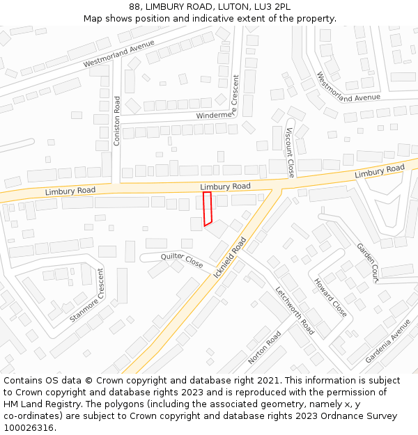 88, LIMBURY ROAD, LUTON, LU3 2PL: Location map and indicative extent of plot