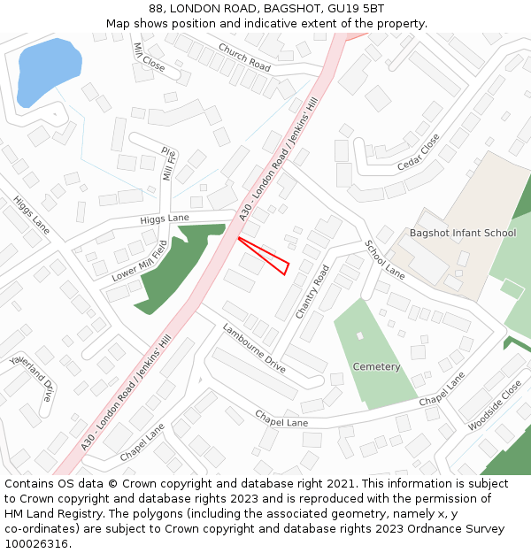 88, LONDON ROAD, BAGSHOT, GU19 5BT: Location map and indicative extent of plot