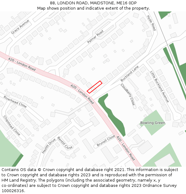 88, LONDON ROAD, MAIDSTONE, ME16 0DP: Location map and indicative extent of plot