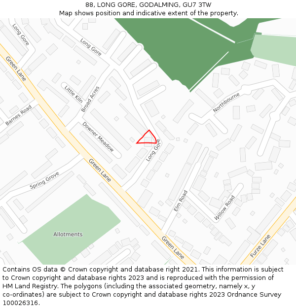 88, LONG GORE, GODALMING, GU7 3TW: Location map and indicative extent of plot