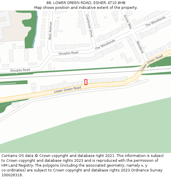 88, LOWER GREEN ROAD, ESHER, KT10 8HB: Location map and indicative extent of plot