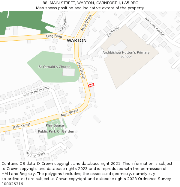 88, MAIN STREET, WARTON, CARNFORTH, LA5 9PG: Location map and indicative extent of plot