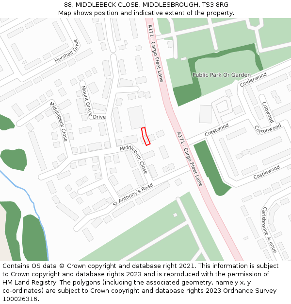 88, MIDDLEBECK CLOSE, MIDDLESBROUGH, TS3 8RG: Location map and indicative extent of plot