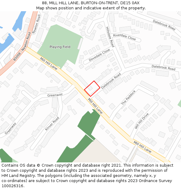 88, MILL HILL LANE, BURTON-ON-TRENT, DE15 0AX: Location map and indicative extent of plot