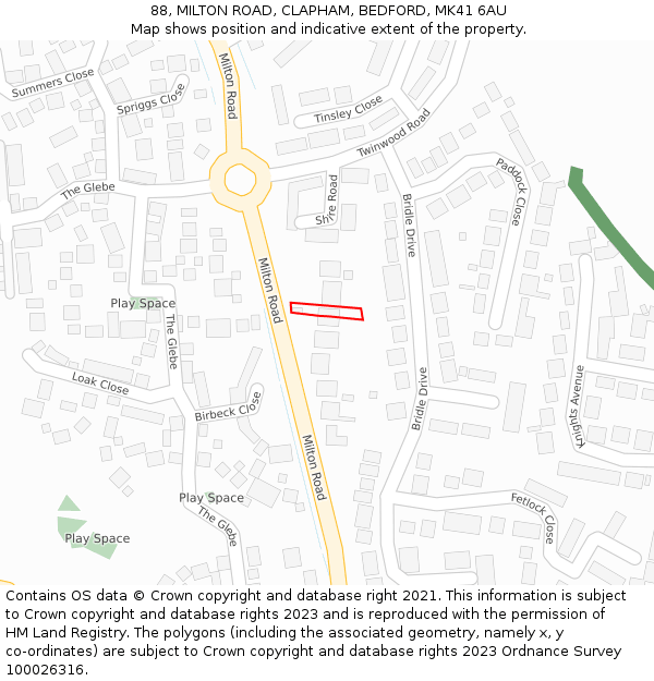 88, MILTON ROAD, CLAPHAM, BEDFORD, MK41 6AU: Location map and indicative extent of plot