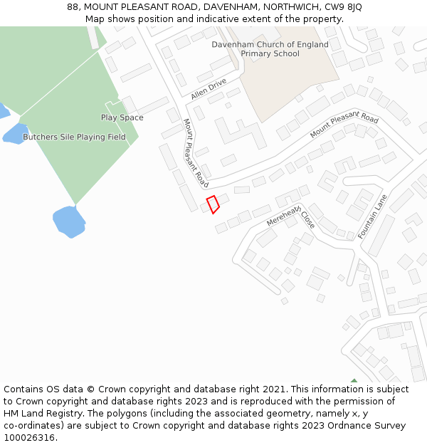 88, MOUNT PLEASANT ROAD, DAVENHAM, NORTHWICH, CW9 8JQ: Location map and indicative extent of plot