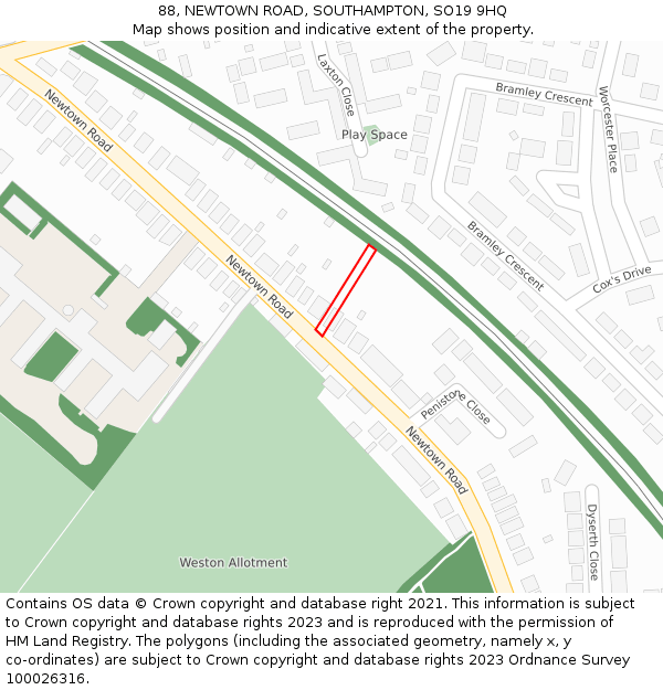 88, NEWTOWN ROAD, SOUTHAMPTON, SO19 9HQ: Location map and indicative extent of plot