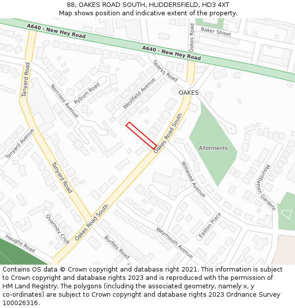 88, OAKES ROAD SOUTH, HUDDERSFIELD, HD3 4XT: Location map and indicative extent of plot