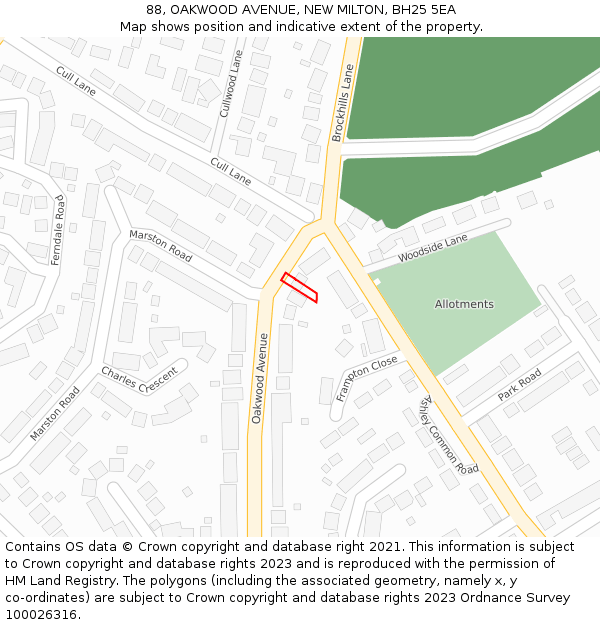 88, OAKWOOD AVENUE, NEW MILTON, BH25 5EA: Location map and indicative extent of plot