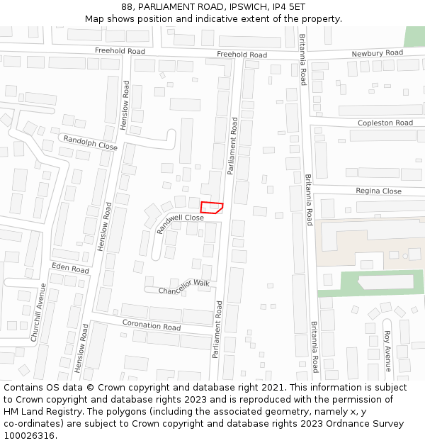 88, PARLIAMENT ROAD, IPSWICH, IP4 5ET: Location map and indicative extent of plot