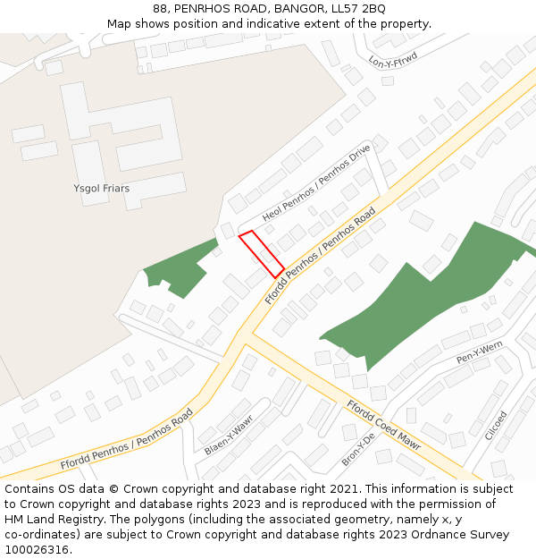 88, PENRHOS ROAD, BANGOR, LL57 2BQ: Location map and indicative extent of plot