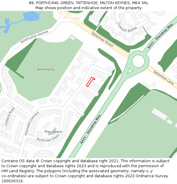 88, PORTHCAWL GREEN, TATTENHOE, MILTON KEYNES, MK4 3AL: Location map and indicative extent of plot