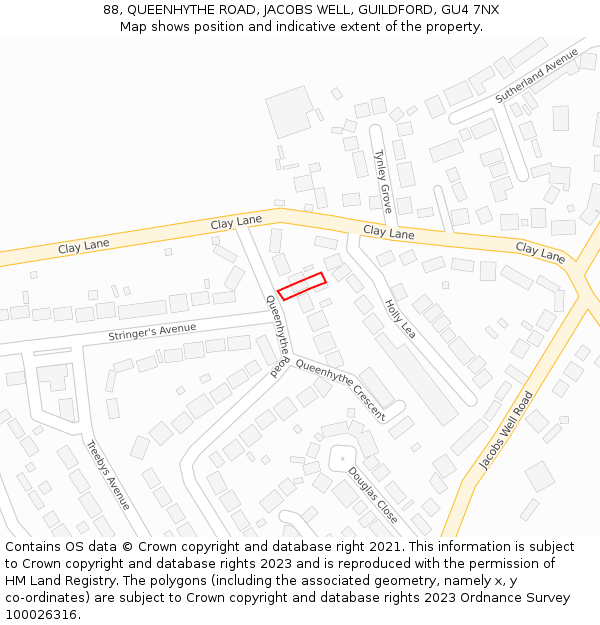 88, QUEENHYTHE ROAD, JACOBS WELL, GUILDFORD, GU4 7NX: Location map and indicative extent of plot