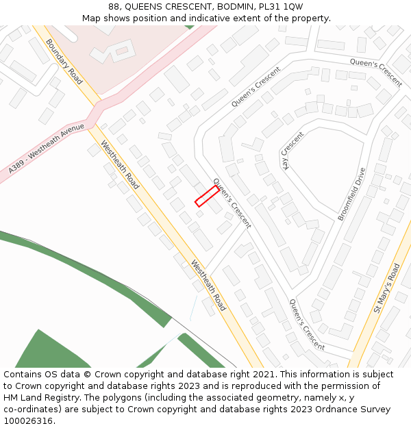88, QUEENS CRESCENT, BODMIN, PL31 1QW: Location map and indicative extent of plot