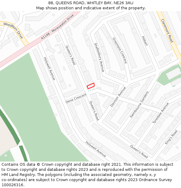 88, QUEENS ROAD, WHITLEY BAY, NE26 3AU: Location map and indicative extent of plot