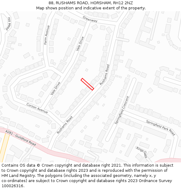 88, RUSHAMS ROAD, HORSHAM, RH12 2NZ: Location map and indicative extent of plot