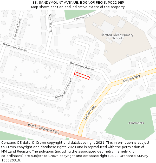 88, SANDYMOUNT AVENUE, BOGNOR REGIS, PO22 9EP: Location map and indicative extent of plot