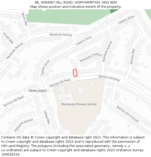 88, SPINNEY HILL ROAD, NORTHAMPTON, NN3 6DN: Location map and indicative extent of plot