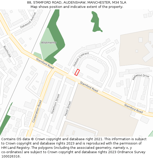 88, STAMFORD ROAD, AUDENSHAW, MANCHESTER, M34 5LA: Location map and indicative extent of plot